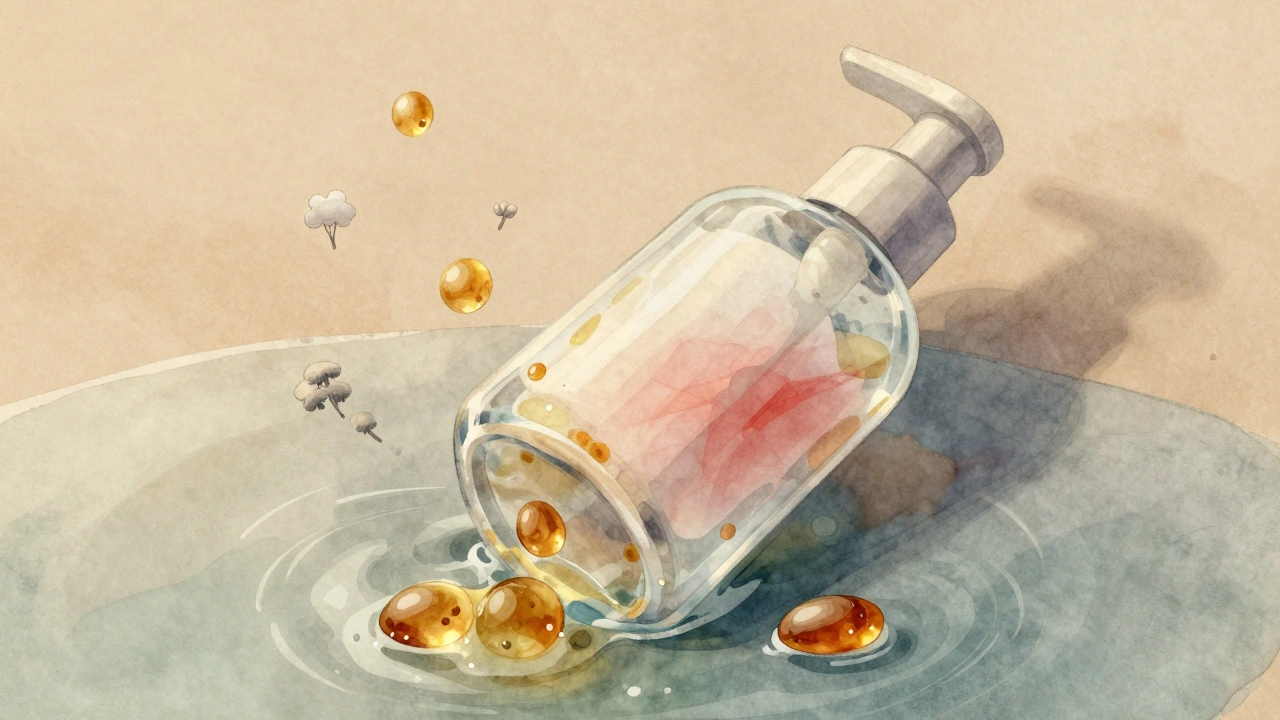 Vodová barva ilustrující rozklad tělového mléka: olejové kapky, plísně a oxidované kyseliny v atmosféře podráždění kůže.