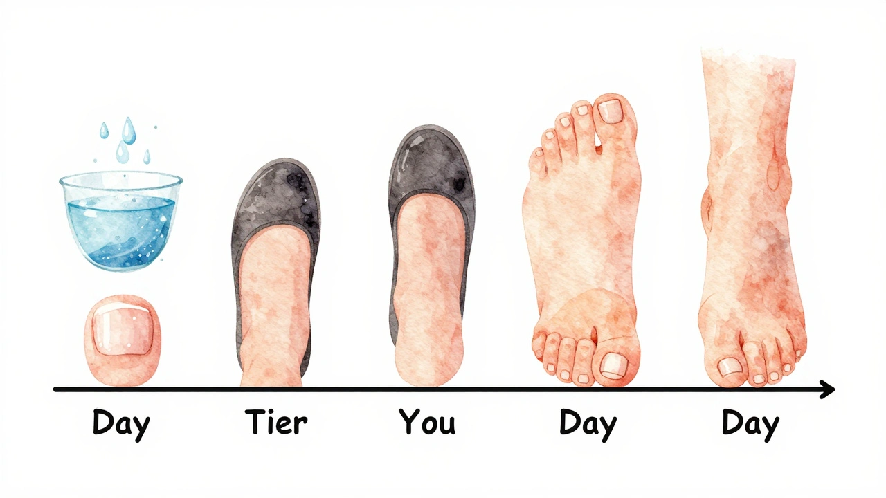 Vývoj pedikúry p Shine během čtyř týdnů s růstem nového nehtu.