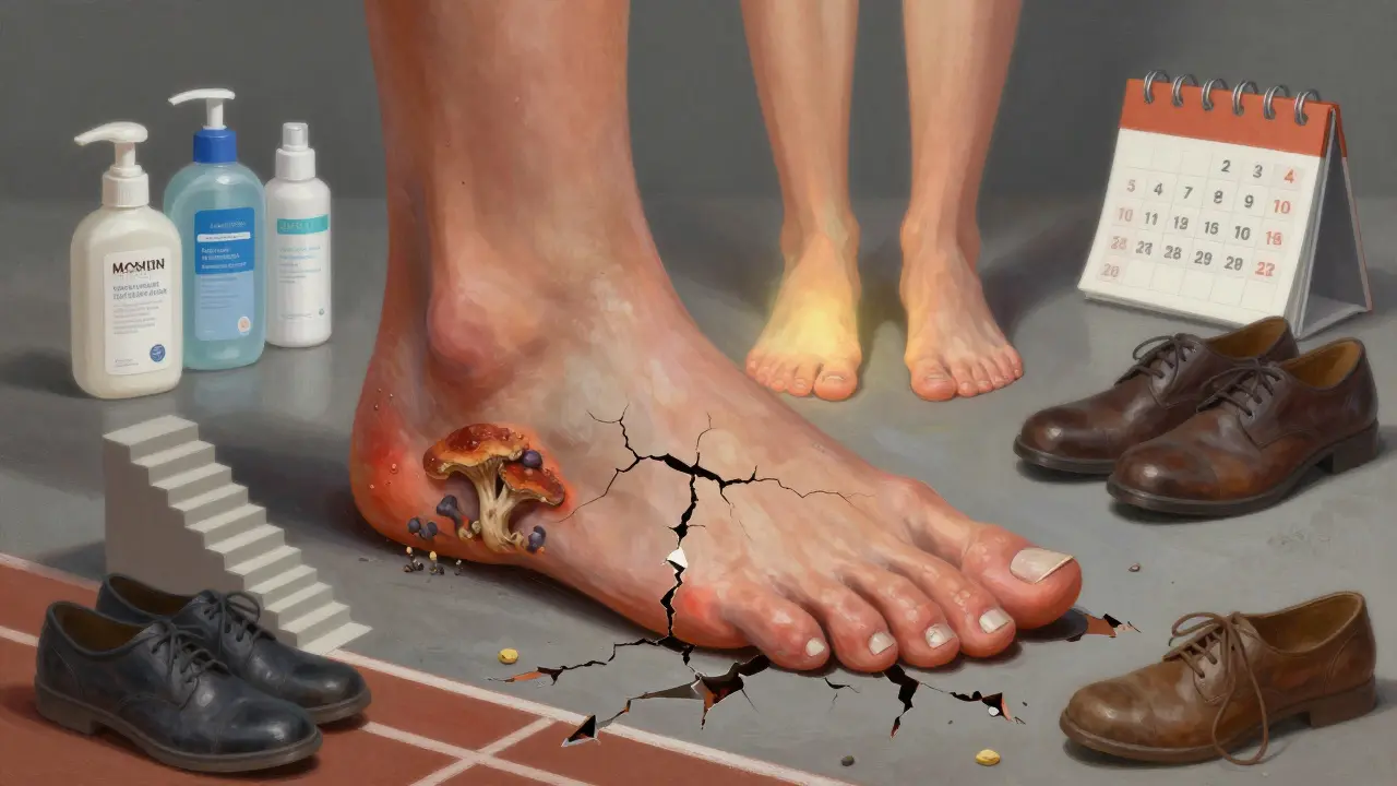 Zdravá noha jako základ domu, proti poškozené noze s houbou a trhlinami.
