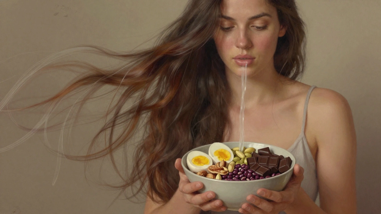 Žena drží potraviny bohaté na živiny, z nichž vyrůstají lesklé vlasy
