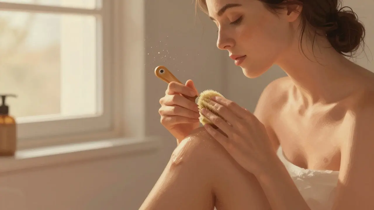 Žena jemně česá kůži jemným kartáčkem 24 hodin před depilací, teplé světlo z okna osvětluje proces.