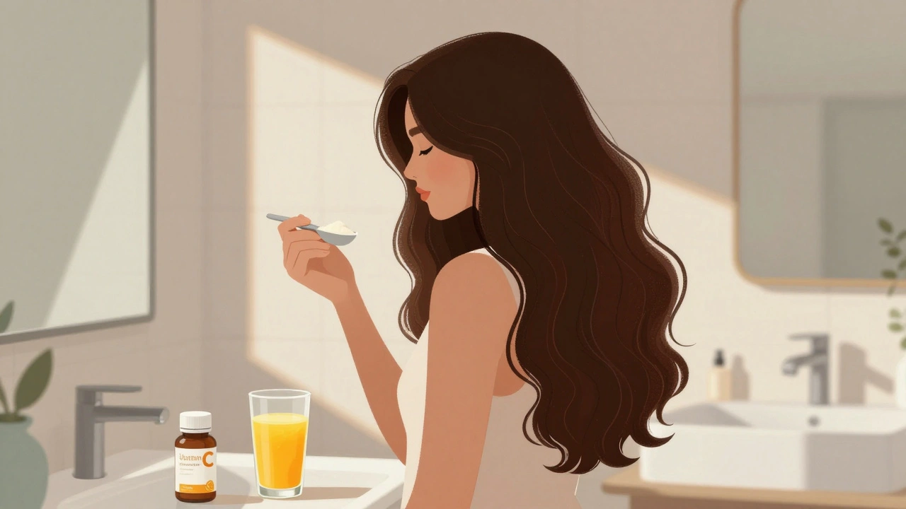 Žena s hustými vlasy drží prášek rybího kolagenu a sklenici pomerančové šťávy v koupelně.