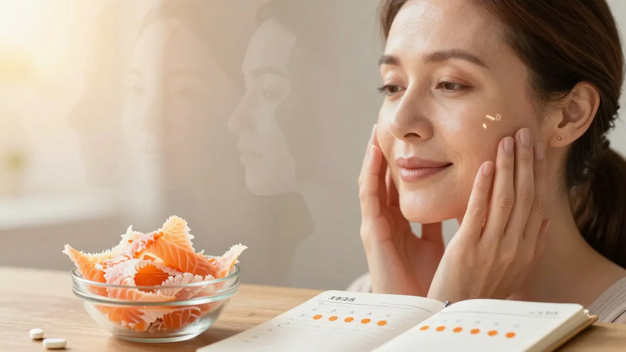 Žena s zdravou pokožkou s vize mladší verze sebe, vedle kolagen a vitamín C