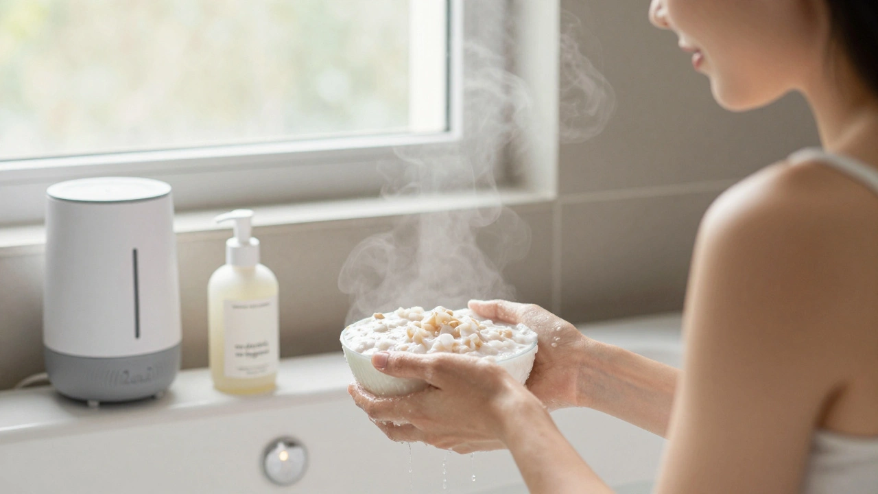 Žena se koupá v ovesné koupeli v teplé, pářící koupelně.