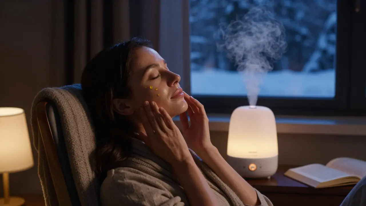 Žena si večer nanáší olivový olej na obličej při slabém světle noční lampy.