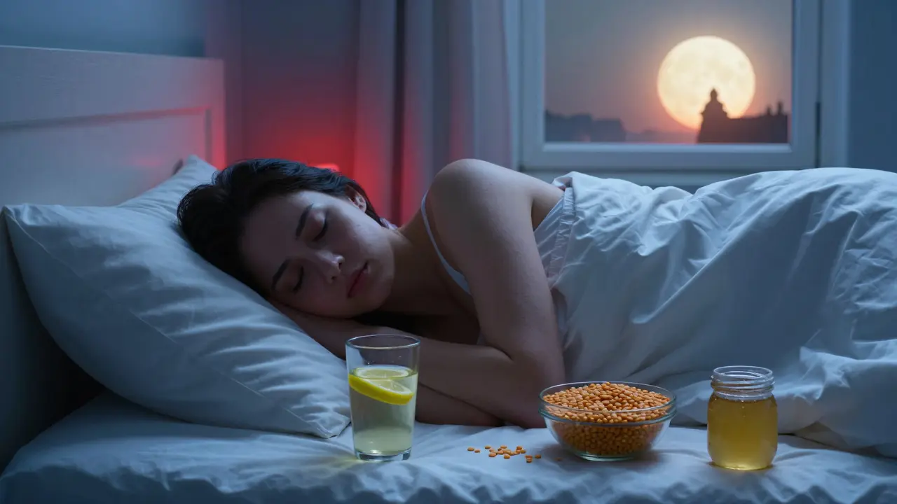 Žena spí na hedvábné podušce s vodou s citrónem a vývarem vedle postele.