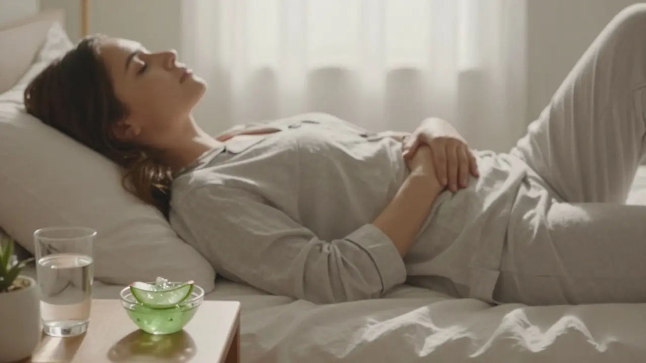 Žena v volných bavlněných pyžamech klidně odpočívá po depilaci.