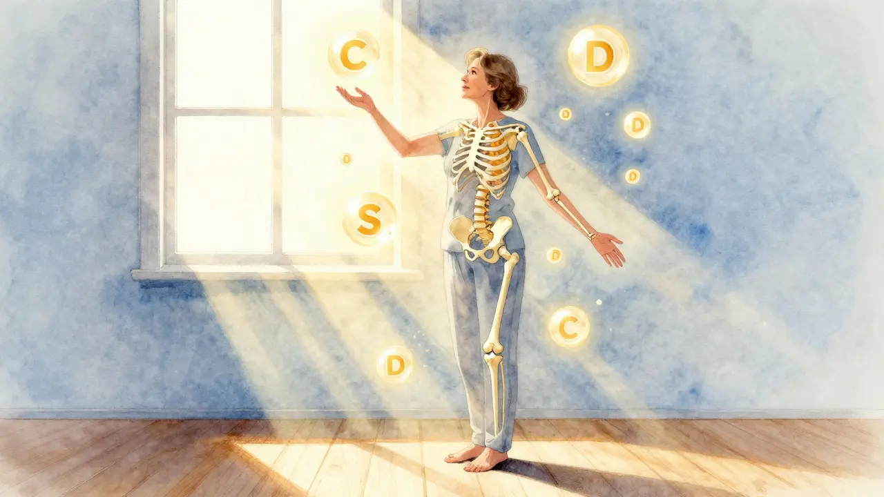 Žena ve 50 letech je obklopena světlem a symboly vápníku a vitamínu D pro zdraví kostí.