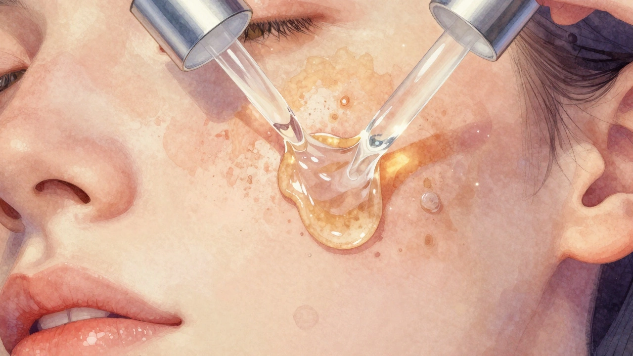 Zvětšený pohled na kůži s uvolňujícími se nečistotami a přírodními látkami čištění.