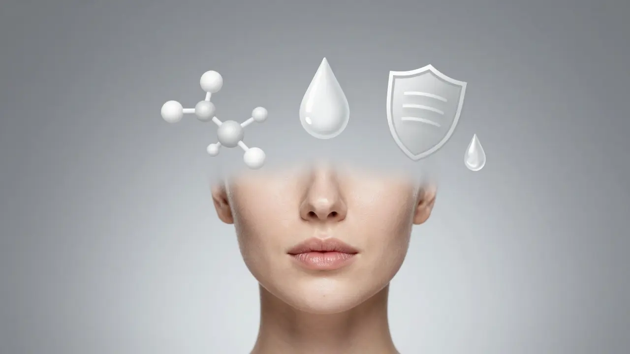 Abstraktní obraz tváře s symboly účinné péče o pleť