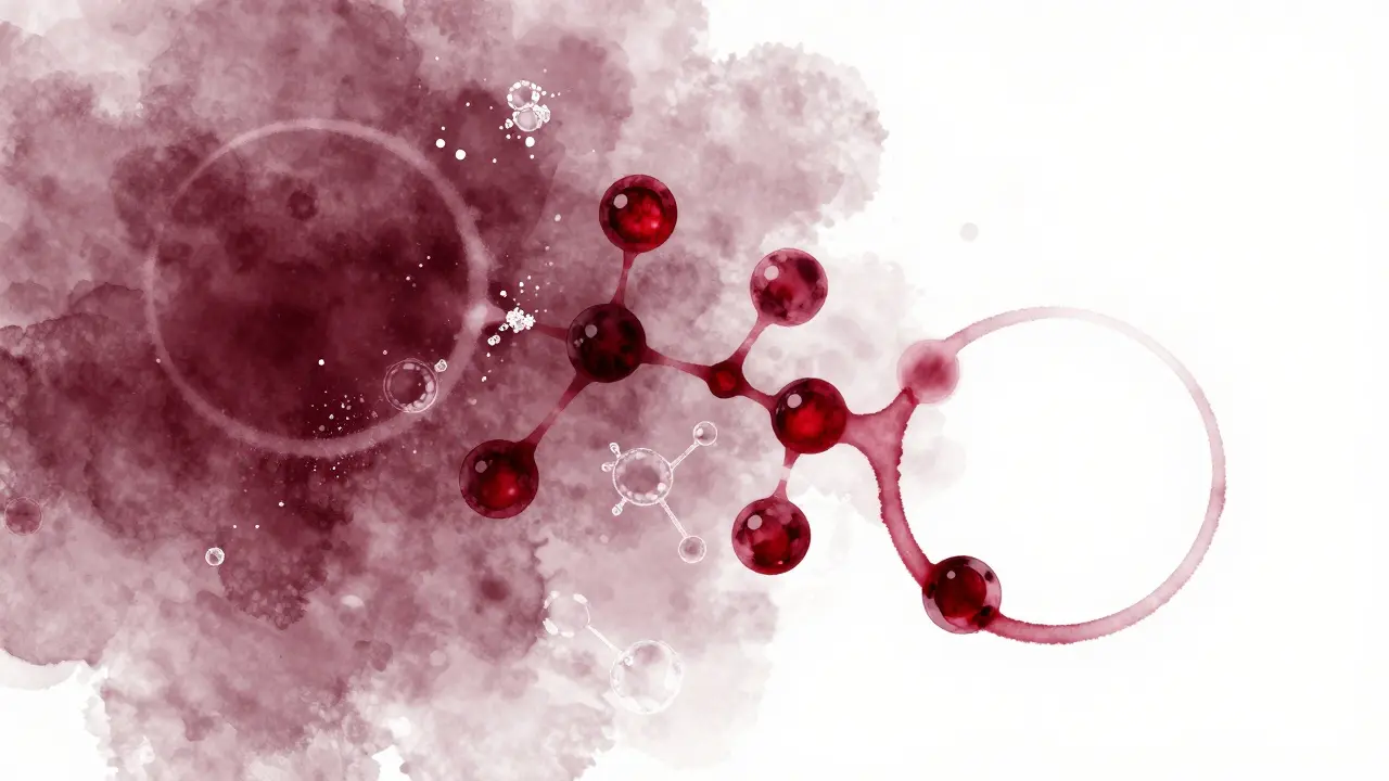 Abstraktní znázornění rozkladu barviv od vína pod vlivem peroxidu a soli, barevný přechod z červené do bílé.