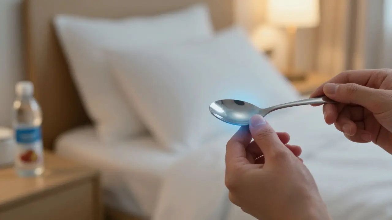 Chladná lžíce přiložená k oteklé tváři, na pozadí dvě polštáře a láhev vody.