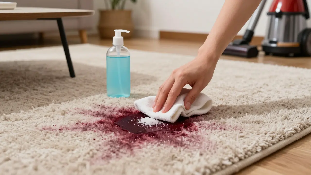 Člověk čistí skvrnu od vína na koberci směsí soli a peroxidu, v pokoji s kávovou stolou.