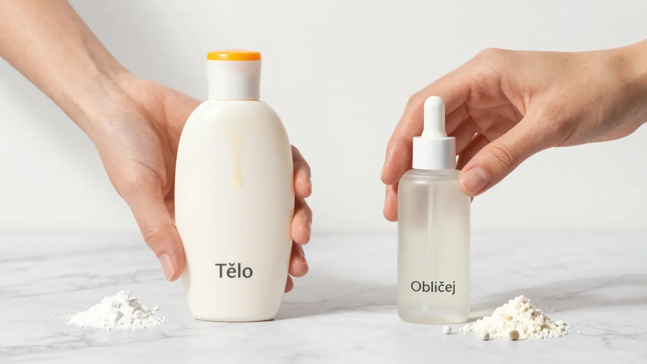 Dvě ruce drží různé typy slunečních filtrů – jeden pro tělo, druhý pro obličej.