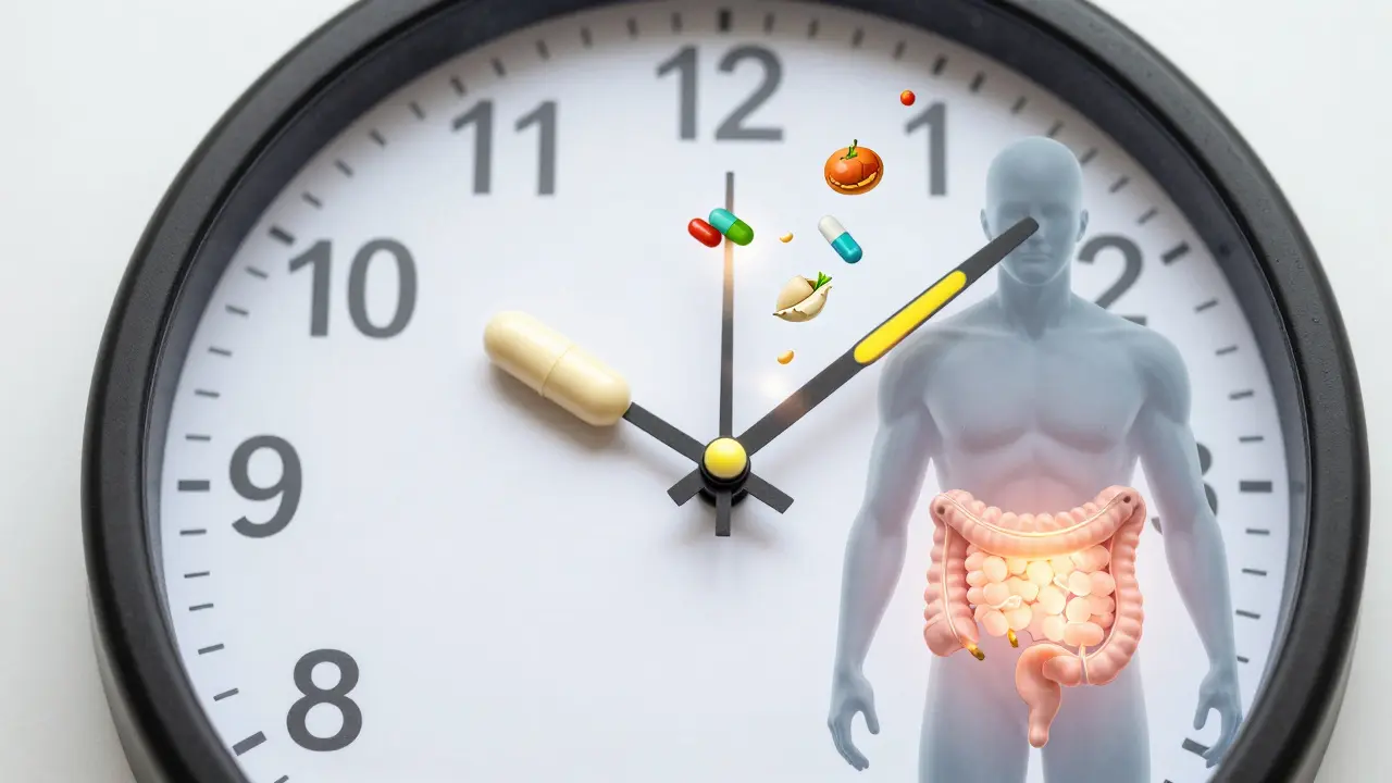 Hodiny s kaplemi probiotik vedle zdravé postavy s osvětleným břichem.