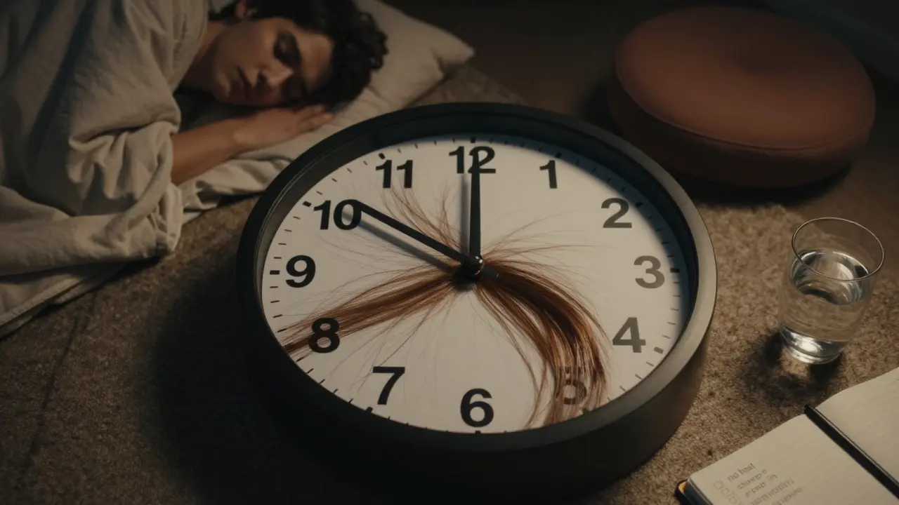 Hodiny s vlasy místo ručiček, ukazující přechod od poškozených k zdravým vlasům během dne.