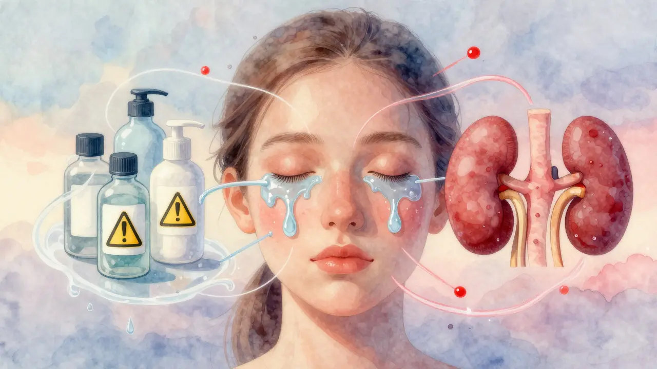 Ilustrace obličeje rozděleného na tři části: alergie, zadržování tekutin a vnitřní příčiny.