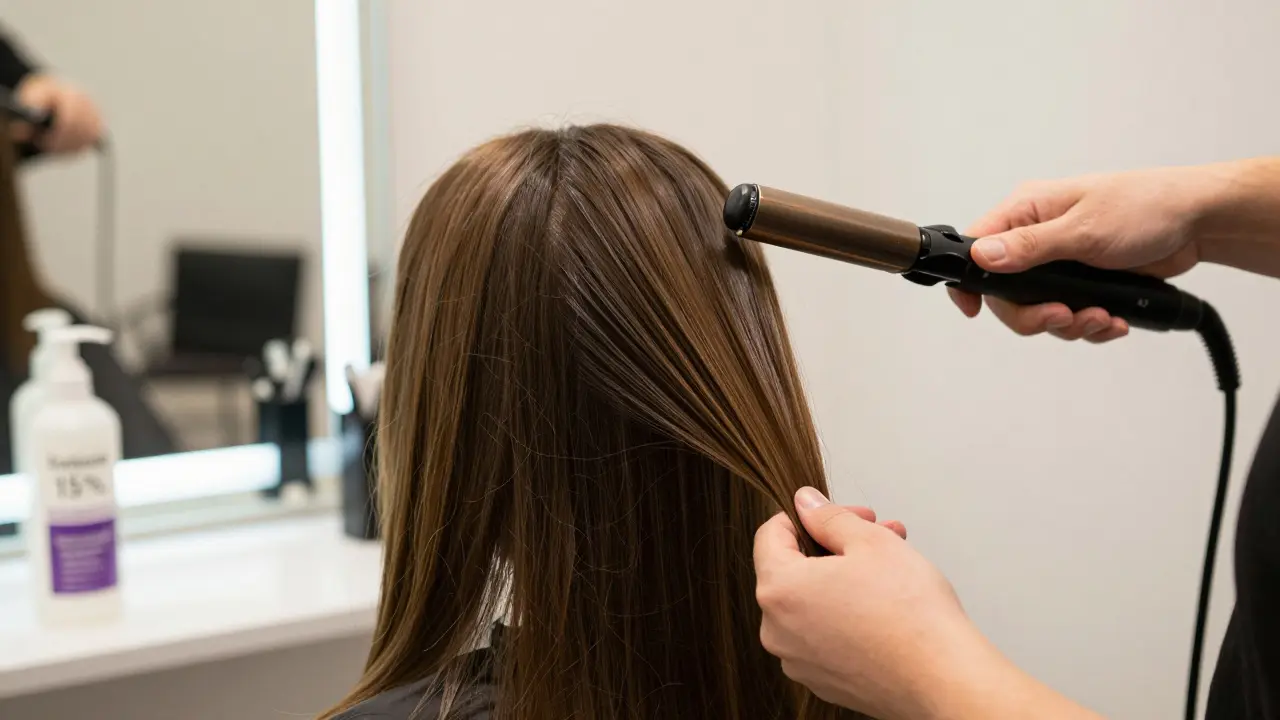 Kozmetička žehlí vlasy v salónu při odstraňování keratinu pomocí speciálního šamponu.