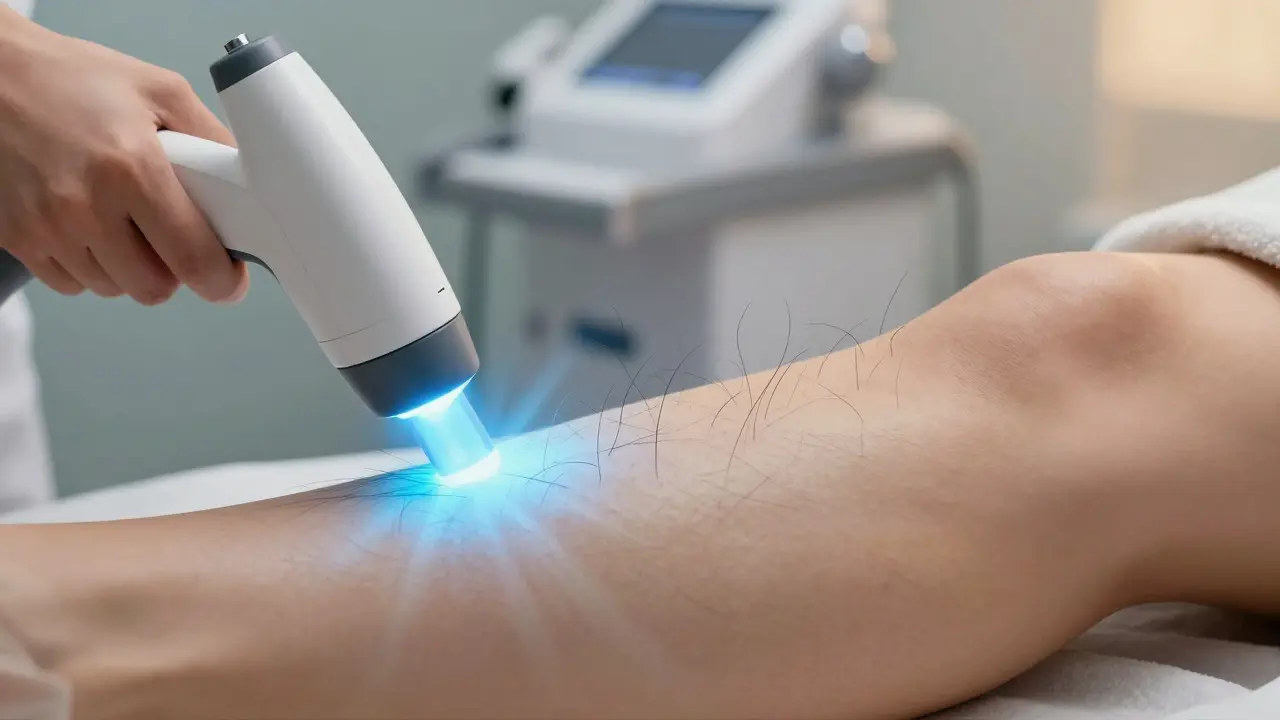 Laserové zařízení odstraňuje tmavé chloupky na noze, viditelný rozdíl mezi hustými a řídkými vlasovými folikuly.