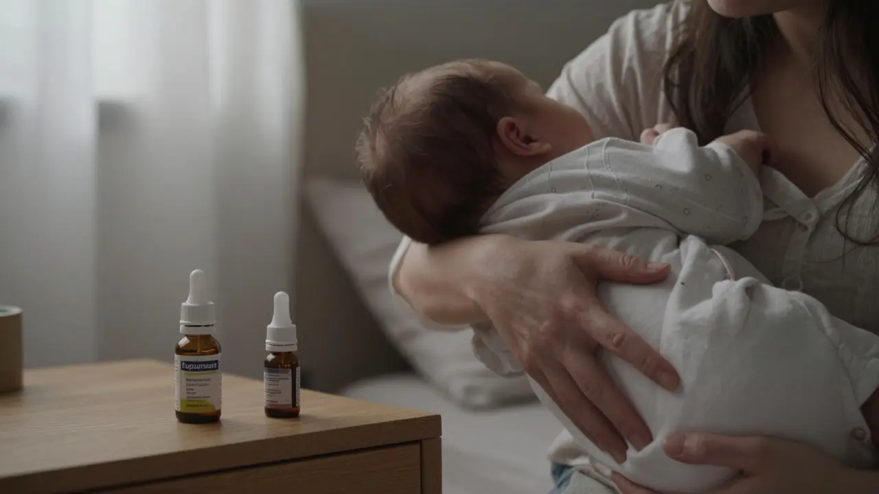 Matka hladí bříško dítěte, vedle ní stojí láhev Espumisanu a probiotika v tichém pokoji.