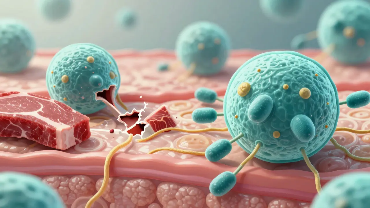 Mikroskopický pohled na kolagenová vlákna: jedna strana se rozpadá, druhá se obnovuje, barevně odlišená.