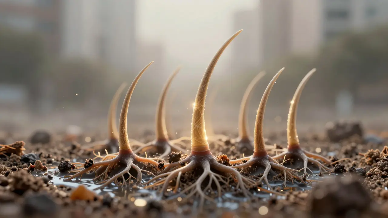 Mikroskopický pohled na probouzející se vlasové folikuly, kde nové vlasy prorážejí znečištění.