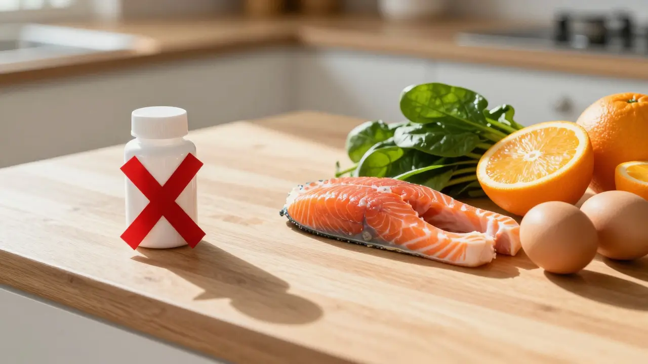 Na stole jsou čerstvé potraviny bohaté na vitamíny a multivitamín s přeškrtnutým křížkem.