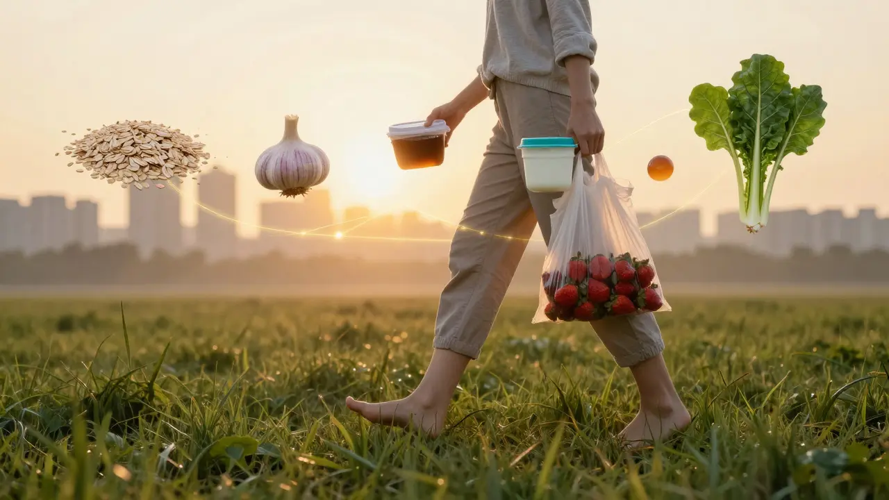 Osoba kráčí na trávě s kefírem a jahodami, kolem ní plavou zdravé potraviny symbolizující mikrobiom.