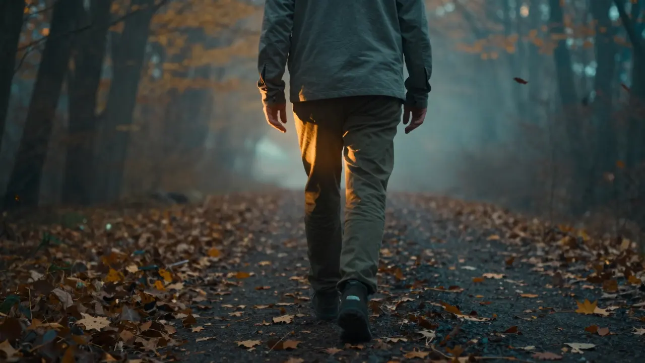 Osoba prochází lesem večer, kolem ní padají listy a mírná mlha.