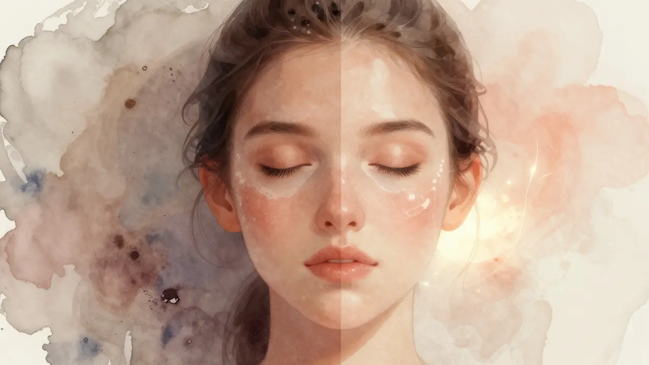 Porovnání matné a zdravé pleti po správném odličování s vizuálním odstraněním nečistot.