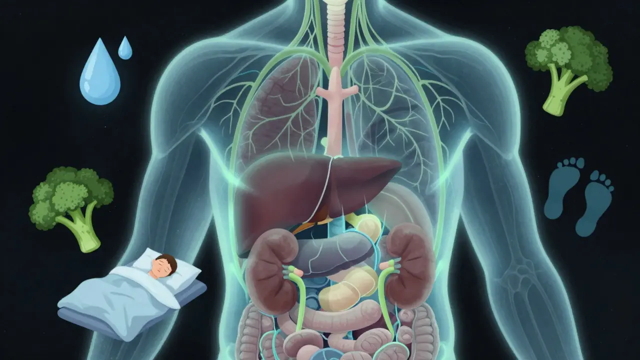 Průhledný lidský tělo s aktivními detoxikačními orgány zářícími světlem.