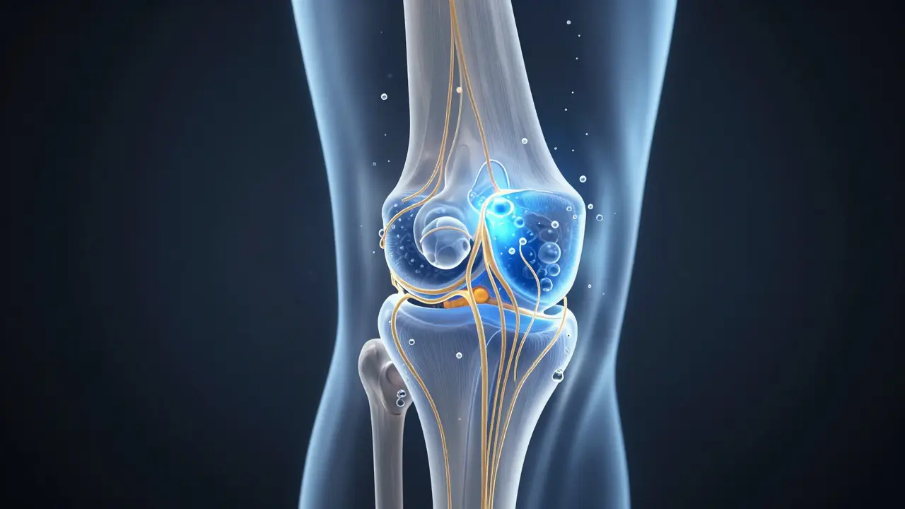 Průhledný pohled na kloub s kolagenovými vlákny a hyaluronovými kapičkami podporujícími chrupavku.