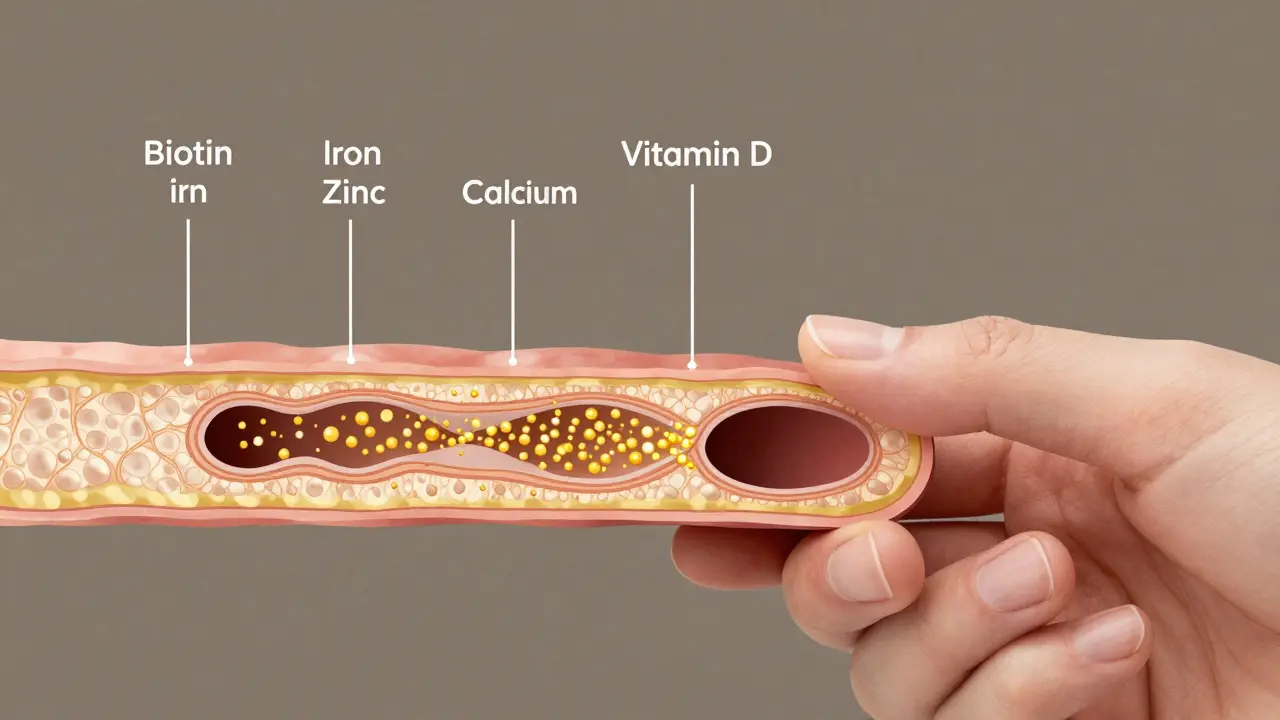 Průřez nehtu s chybějícími vitamíny a minerály jako chybějícími částmi struktury.