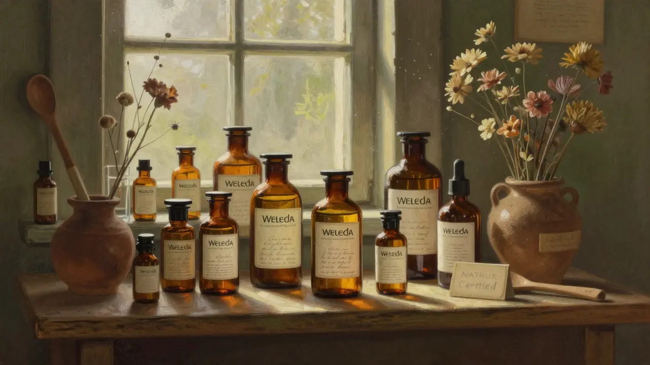 Regáls s přírodními kosmetickými přípravky v skleněných lahvičkách a sušenými květy.