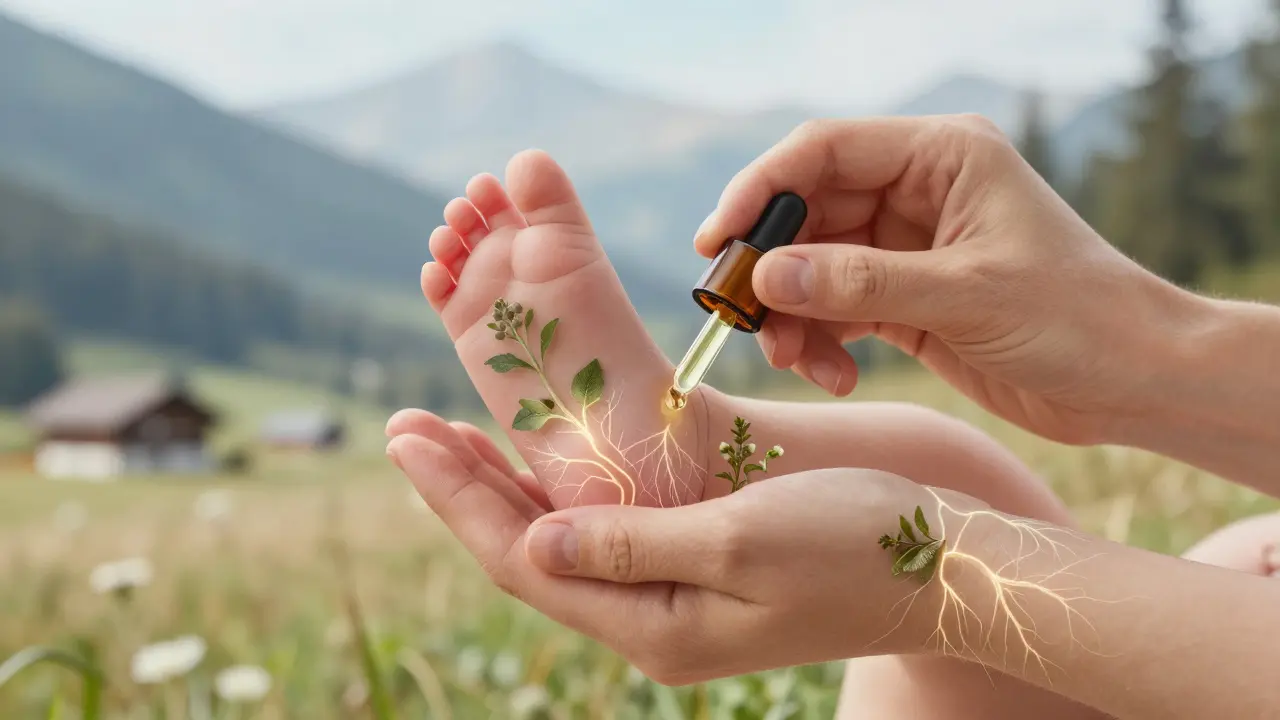 Ruka hladí nohu novorozence olejem, z kůže vyrůstají kořeny a listy rostlin.