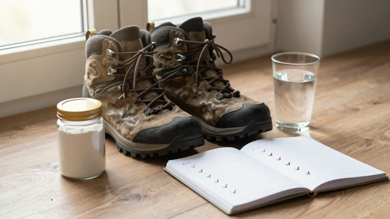 Staré a nové boty vedle kolagenu a kalendáře s denními značkami.