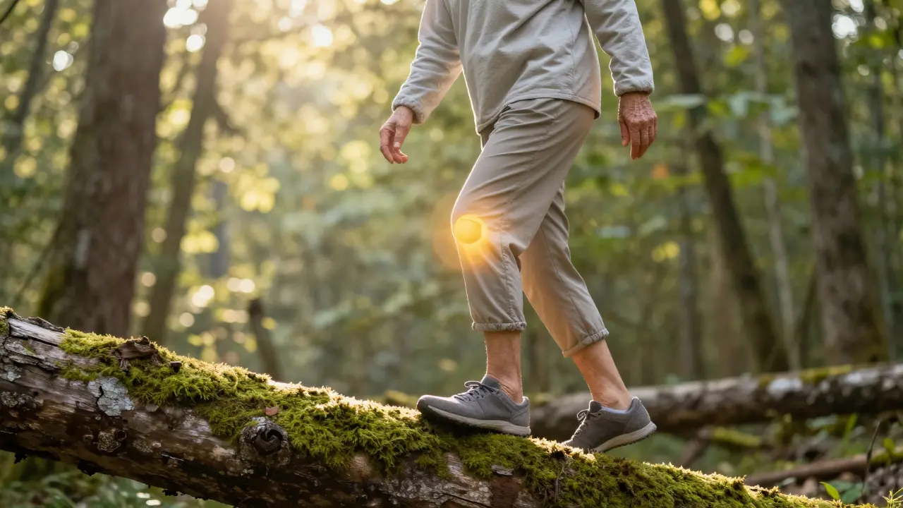 Starší osoba kráčí v lese na ranním světle, symbolizující obnovu pohyblivosti kloubů.
