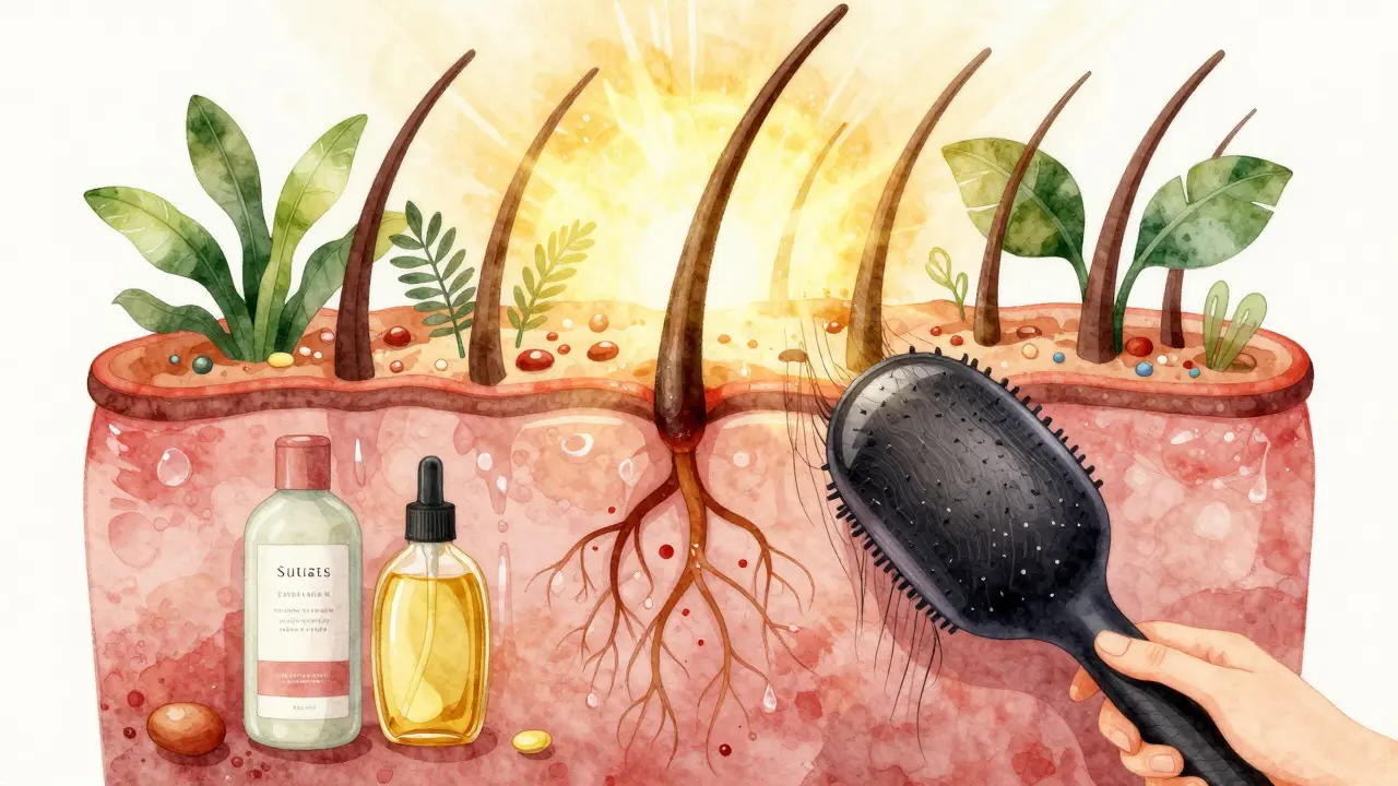 Umělecký náčrt vlasového folikulu jako zahrádky napájené živinami, bez tepelných nástrojů.