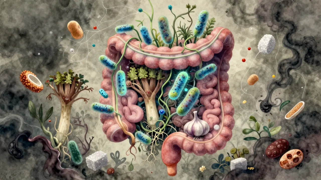 Umělý náčrt střev jako zahrady s probiotiky jako rostlinami a prebiotiky jako vlákny.