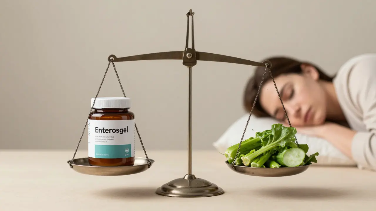 Váha ukazující rovnováhu mezi Enterosgelem a přirozeným zdravím.