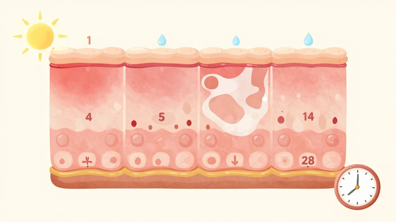 Vizualizace hojení kůže po laseru během 4 týdnů s ikonami péče.