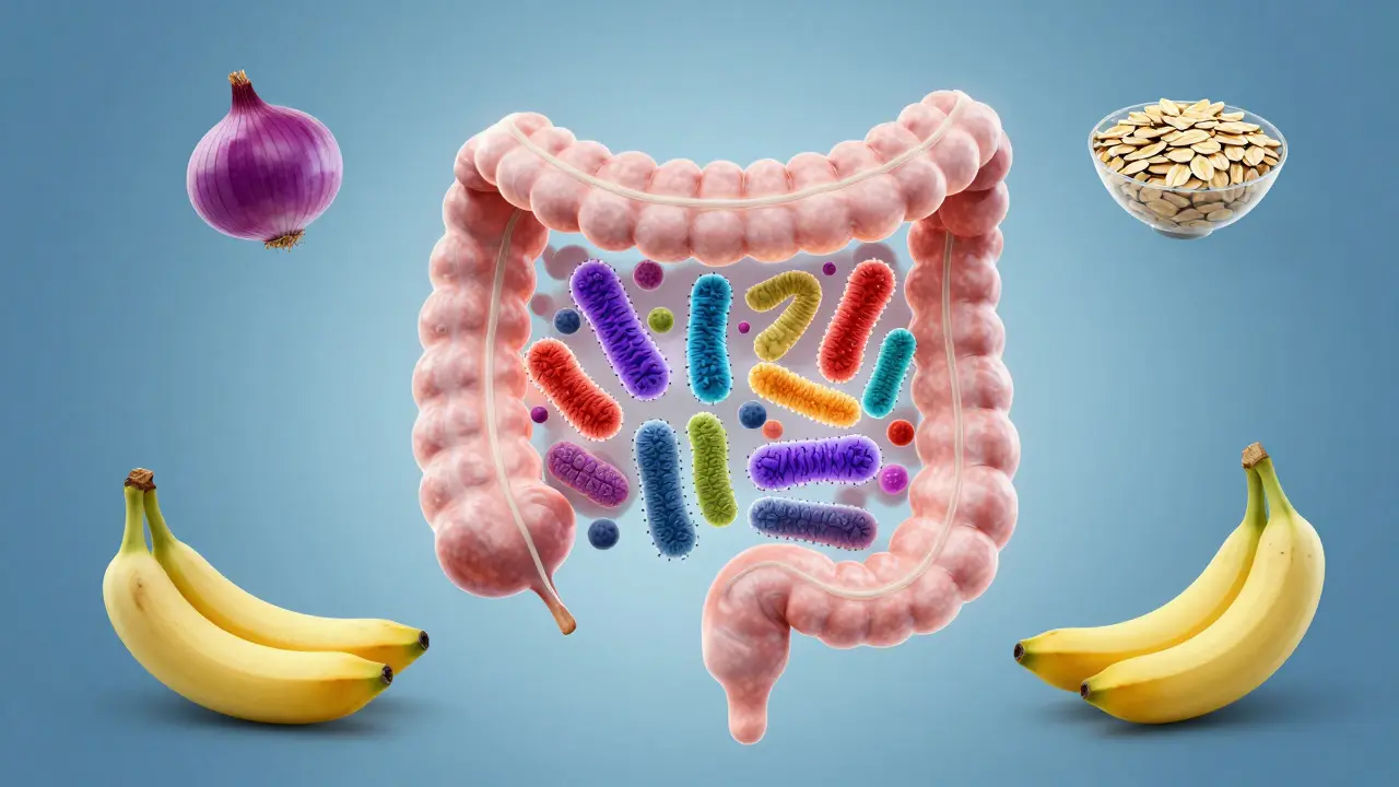 Vnitřek střev s živými bakteriemi a prebiotickými potravinami v abstraktním stylu.