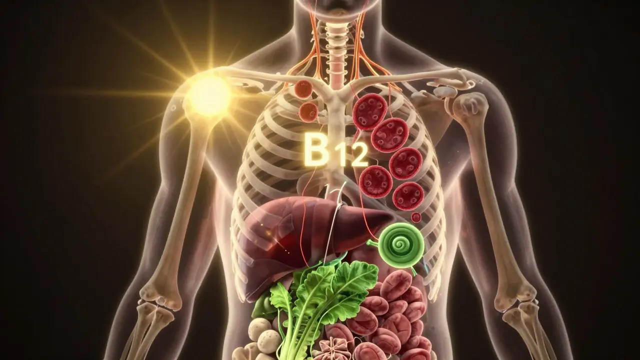 Vnitřní silueta těla s osvětlenými cestami vitamínů D, B12 a kyseliny listové.