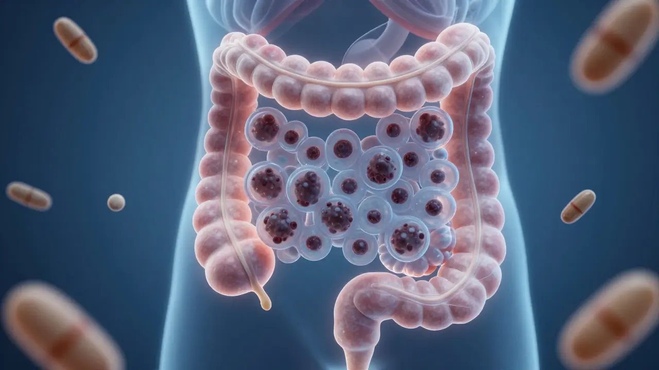 Vnitřní zobrazení trávicího traktu, kde gel odstraňuje toxiny.