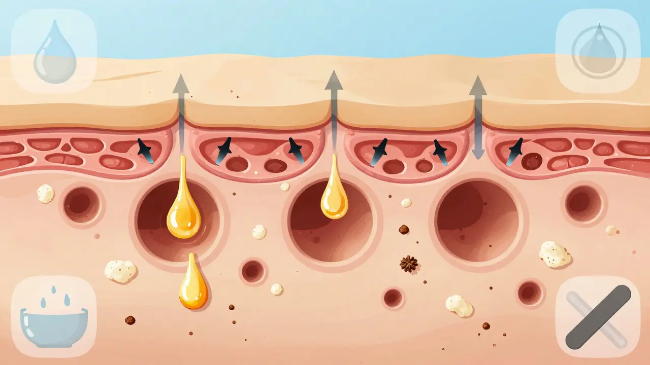 Výřez kůže ukazující tukové žlázy a hromadění buněk v pórů