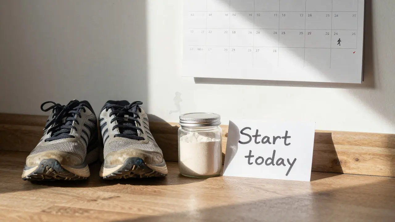 Zašlé kroje a láhev rybího kolagenu na dřevěném podlaze, sluneční stín a kalendář s označenými dny.