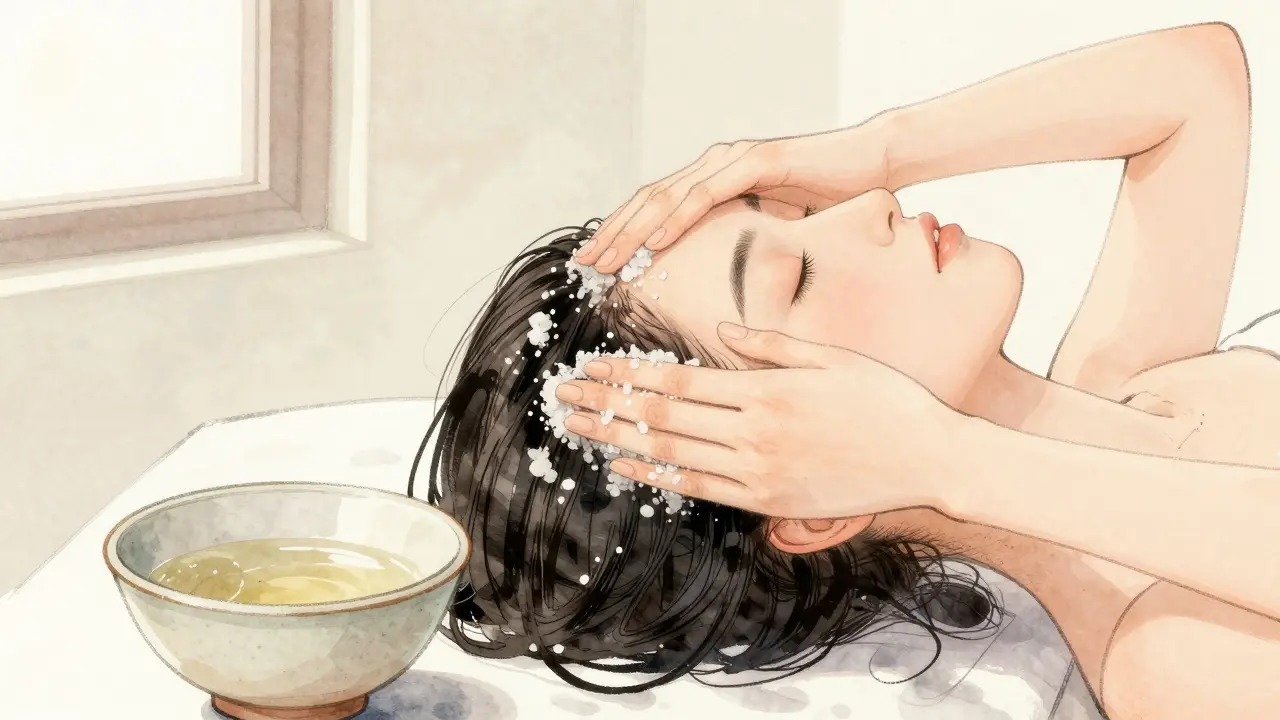 Žena masíruje pokožku hlavy směsí mořské soli a teplé vody při jemném osvětlení.