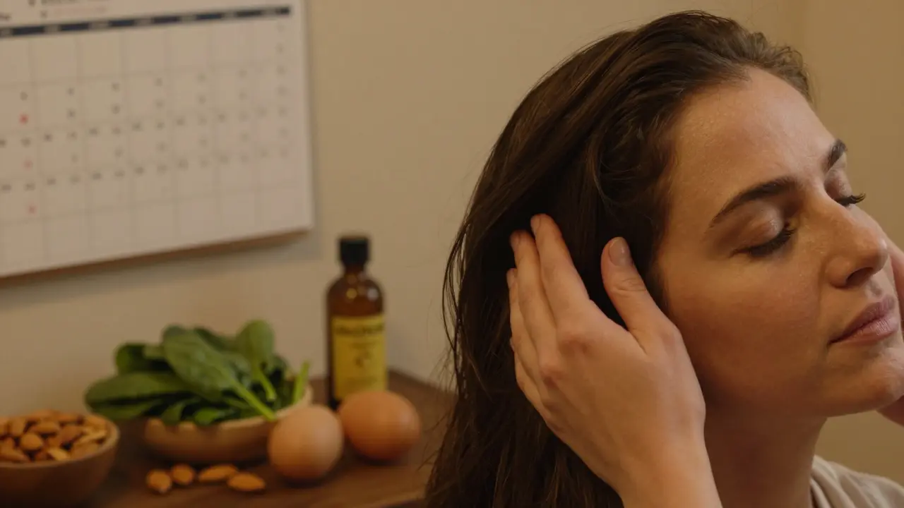 Žena provádí masáž hlavy s přírodními surovinami, symbolizující dlouhodobou péči o vlasy.