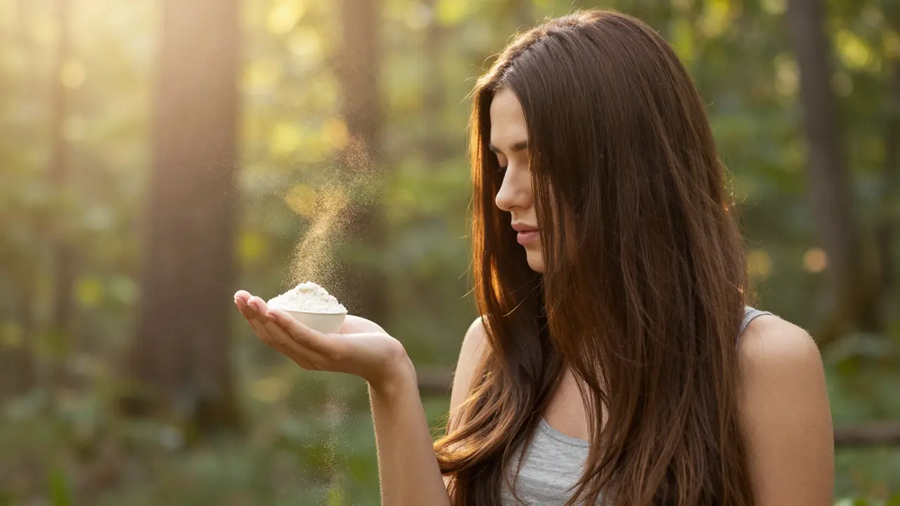 Žena s zdravými vlasy, kdy z její ruky vstupují zlaté částice kolagenu do slunce.