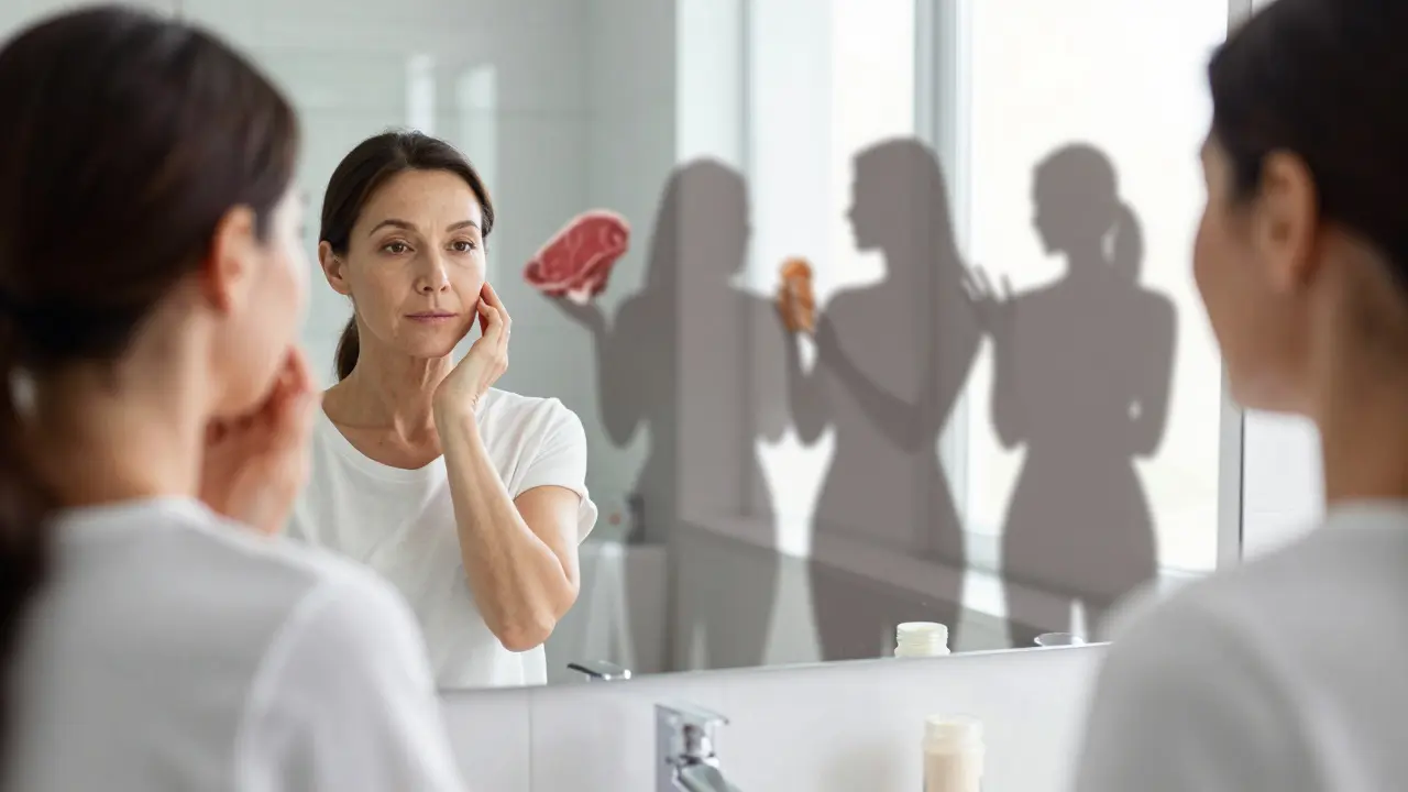 Žena v zrcadle vidí mladší verzi sebe, zatímco za ní postupně mizí stíny červeného masa.